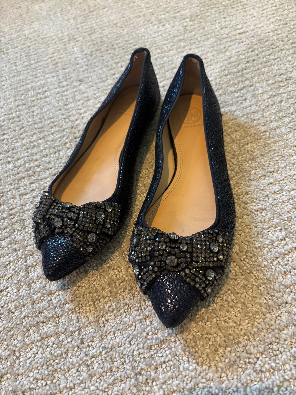 Tory Burch Navy Blue Jeweled Pointed-Toe Flats